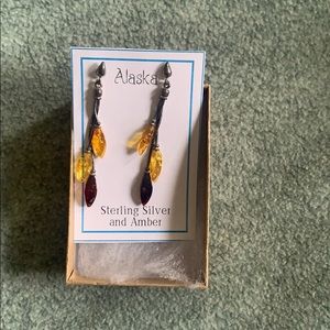 Alaska amber and steel silver drop earrings.
